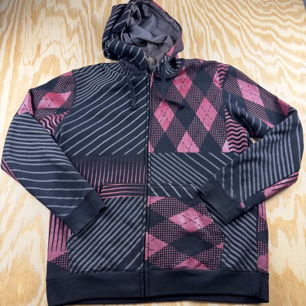 Y2K Hybrid Tees Mens XL Full Zip Hoodie Geometric Argyle Striped Black Burgundy